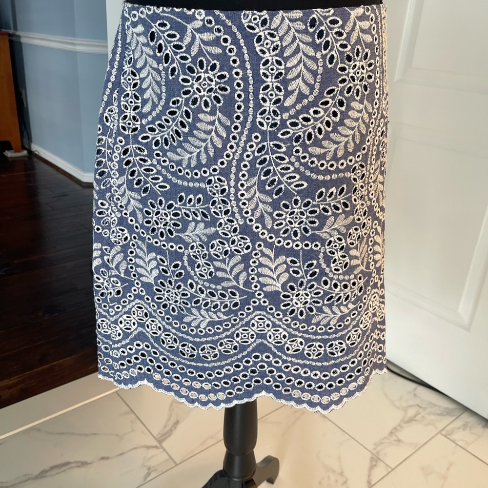 LOFT Blue and White Embellished A-Line Skirt